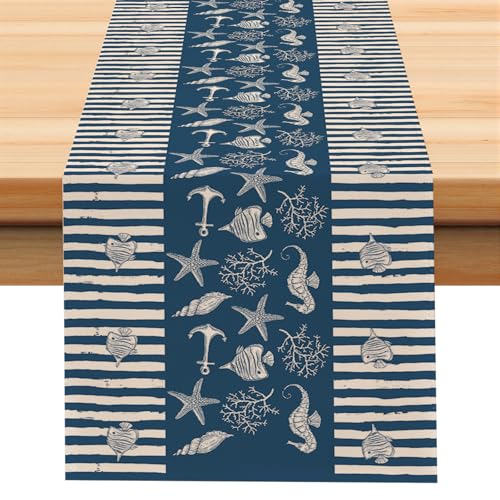 Larponder Starfish Coral Coastal Table Runner, 13x72 Inch | Ocean Beach Sea Animals Theme Table Runner Table Decoration, for Summer Holiday Kitchen Dinning Coffee Table Home Party Decor - color: Ocean-1, size: 13" x 72" (Rectangular)