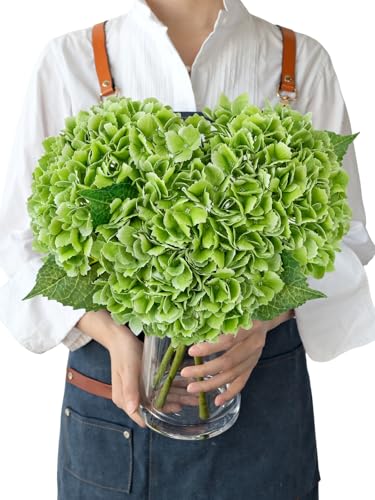 JINWOE Green Faux Hydrangea Flowers, 3pcs 21" Latex Real Touch Spring Silk Flowers,Lifelike Artificial Hydrangeas with Stems for Porch Bouquets Wedding Home Table Centerpieces - color: Green