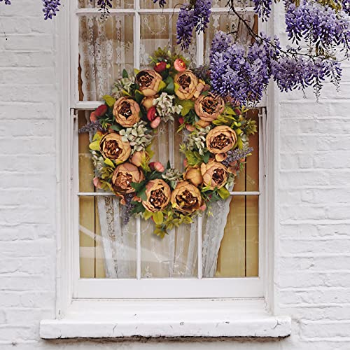BOMAROLAN Artificial Peony Flower Wreath 19Inch Vintage Blooming Silk Peonies Spring Summer Fall Winter Large Wreaths Flower Green Leaves for Outdoor Front Door Indoor Wedding Wall Or Window Décor - color: Brown