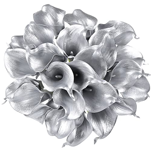 IPOPU Silver Calla Lily Artificial Flowers, 24pcs for DIY Wedding Bouquets, Centerpieces, Bridal Shower, Party, Home Flower Arrangement Decorations - color: Silver