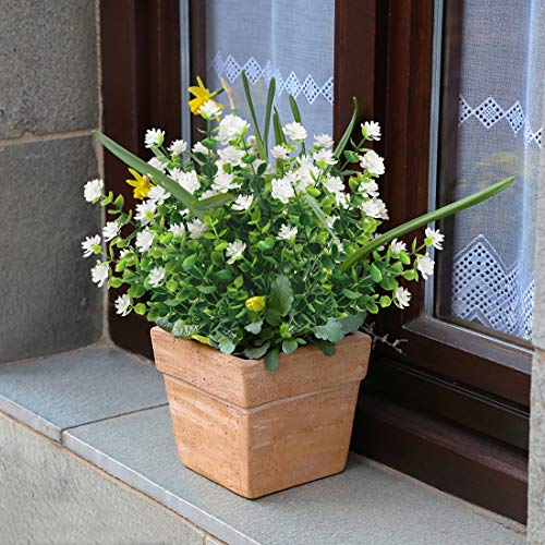 6 Bundles Artificial Flowers, Fake Artificial Greenery UV Resistant No Fade Faux Plastic Plants for Wedding Bridle Bouquet Indoor Outdoor Home Garden Kitchen Office Table Vase (White) - color: White