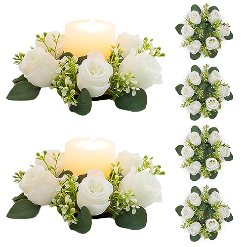 NUPTIO Flower Wreath for Table Centerpieces: 9.05 Inch Small White Artificial Candle Rings for Wedding Party Christmas Decorations - 6 Pcs Rose Wreaths for Spring Summer Front Door Porch Decor 2 Pcs - color: White, size: Dia 9.05"-6pcs
