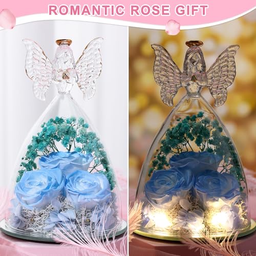 Mothers Day Rose Gifts for Women Preserved Real Flower in Glass Angel Figurines Roses for Delivery Prime Birthday Gifts for Mom Grandma Girlfriend Wife Her, Sky Blue White - color: Sky Blue White