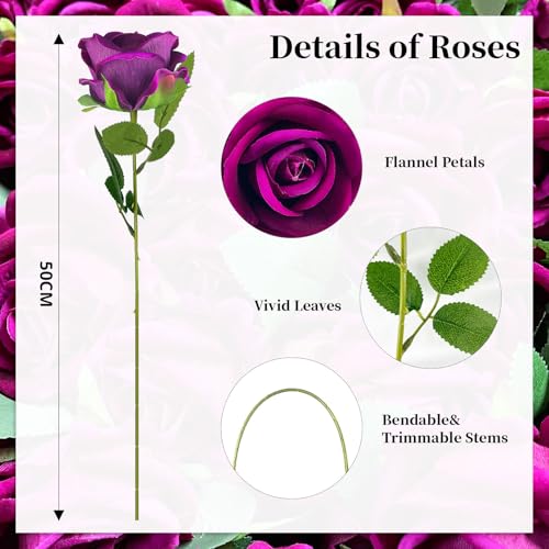 10 PCS Artificial Roses with Long Stems Silk Flowers Realistic Foam Flowers Fake Roses for Valentine's Day Home Wedding Halloween Decor(Rose Purple) - color: Rose Purple