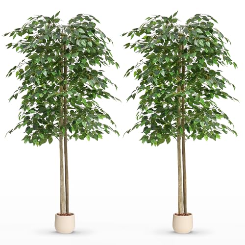 Maia Shop 2 Pack 6ft Artificial Ficus Tree Indoor - Tall Faux Plant with Natural Wood Trunk in Designer Pot with Wood Chips - Fake Plant for Home Office & Living Room Decor - color: Ficusx2, size: 6ft