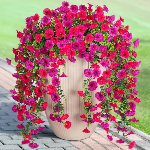 Artificial Hanging Petunias Flowers for Outdoor, 2pcs Fake Plants Long Vine Morning Glory Eucalyptus, UV Resistant Realistic Faux Greenery Outside Patio Porch Garden Spring Decor, Purple Hot Pink - color: Hot Pink Purple
