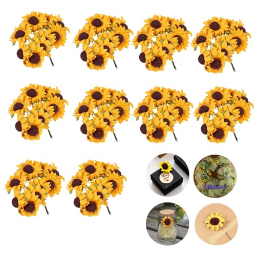 100 pcs Mini Dark Yellow Sunflowers, 1.2" Tiny Fake Flowers with10 yard hemp rope , Miniature Flowers for Crafts, Miniature Flowers for Dollhouse, for Gift Decoration,Dining Table Decoration - color: Dark Yellow Sunflower