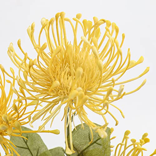 Hollyone 33" Yellow Artificial Mums Flowers Chrysanthemum Flowers 2Pcs Fake Spider Mum Flower Arrangement Faux Pincushion Flower with 3 Heads Long Stem for Party Centerpiece Bouquet Home Decor - color: Yellow