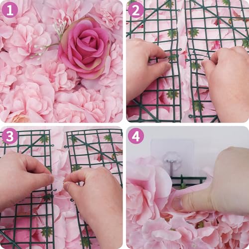 Zythrem 12-Pack Flower Wall Backdrop Rose Pink Backdrop 15×15 Inch Artificial Silk Flower Panels 3D Pink Flower Wall for Wedding Birthday Party Home Event Photography Background - color: Pink