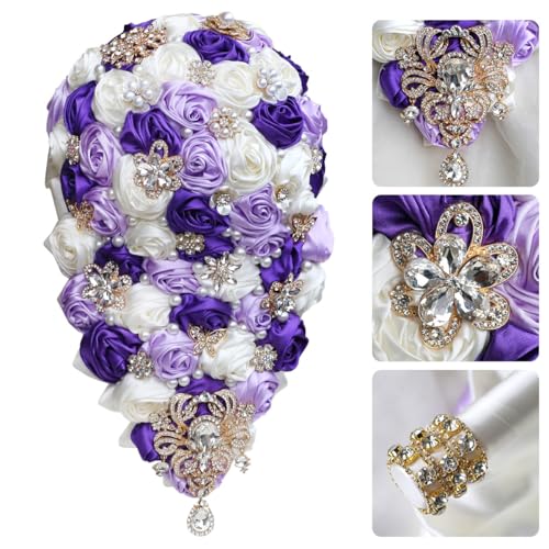 Luxury Cascade Bridal Wedding Bouquet Satin Rose Waterfall Holding Bouquet Artificial Flower Bunch for Bride Bridesmaid(Ivory, Purple & Light Purple, 15" x 7.5") - color: Ivory, Purple & Light Purple, size: 15"L x 7.5"W(38cm x 19cm)