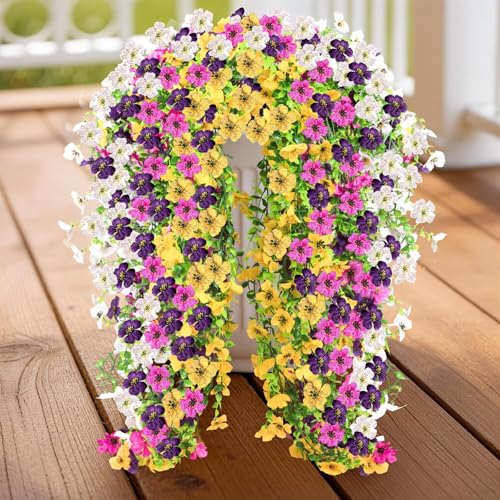Artificial Hanging Flowers for Outdoors, 6PCS Faux Silk Artificial Flowers for Outdoors, UV Resistant Fake Flowers, No Fade Trailing Greenery, Decor for Home Porch Patio Balcony Garden Yard - color: Double Purple + White + Yellow