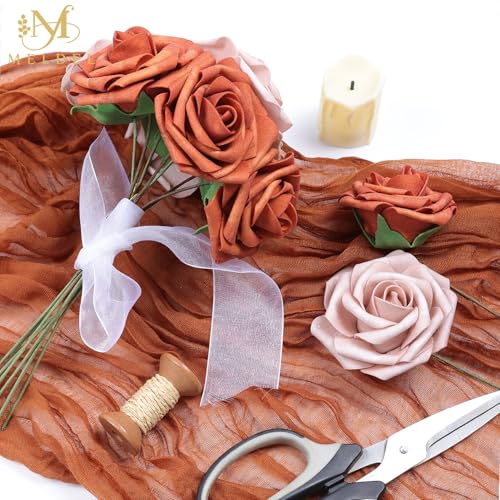 Artificial Flowers 25 Pack Burnt Orange Faux Foam Roses with Stems, Real Looking Fake Rose for DIY Wedding Bouquets, Bridal Shower Centerpieces, Party Table Decorations, Home Decor - color: Burnt Orange & Warm Taupe, size: 25Pcs