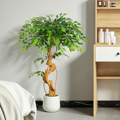 4ft Large Ficus Artificial Trees in White Pot, 48" Tall Fake Silk Tree with Natural Curved Trunk, Lush Faux Ficus Tree for Indoor Home Decor, Living Room, Office & Patio - size: 4ft