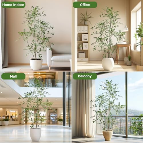 6ft Faux Bamboo Tree Artificial Nandina Tree Artificial Indoor Plants Realistic Fake Potted Tree with 800+ Leaves, Cement Planter - Home Office Decor Perfect for Housewarming Gift Non-Toxic - color: Green, size: 6ft