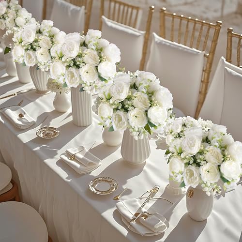 12 Bundles Peonies Artificial White Flowers Bouquet, Lifelike Silk Fake Peonies with Stems for Home Table Centerpieces, Wedding, Party & DIY Bridal Floral Arrangements (White) - color: White