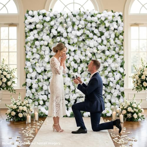 rosemorning 8x8FT White and Green Artificial Flower Wall Backdrop,5D Silk Flower Wall Panel for Wedding Party Birthday Baby Shower Photo Booth Decor Easy to Install Reusable - color: Eira-White, size: 8Ft*8Ft