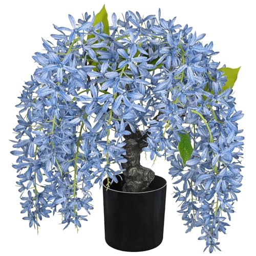 Artificial Flowers 13.8" Tall with Silk Wisteria Blue Flower Arrangement and Realistic Wood Fake Bonsai Tree Plants Faux Plants for Spring Home Bedroom Office Bathroom Coffee Table Centerpiece Decor - color: Blue-13.8