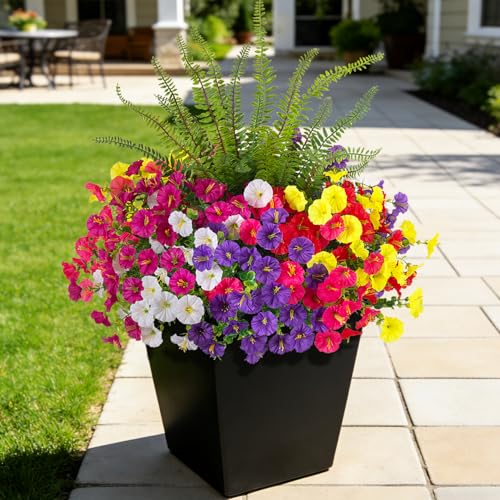 Hrobek Artificial Flowers for Outdoors Faux Plants Outside Indoor,UV Resistant Silk Fake Morning Glory Tall Ferns for Home Patio Garden Yard Front Porch Decor (13 Bunches,7 Multi Colors) - color: 7 Color Mixed (2 Purple,2 Light Purple,2 Fuchsia,2 White,2
