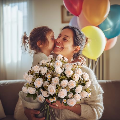 Artificial Rose Flowers for Outdoor 4 Bundles Rose Bouquet with Daisy Faux Flowers UV Resistant for Home Indoor Outside Garden Porch Window Box Balcony Yard Porch Fall Decor (White) - color: White