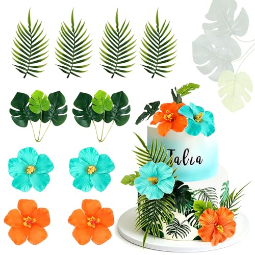 10PCS Artificial Hibiscus Flower Cake Toppers Hawaii Orange Blue Hibiscus Cake Decors for Hawaii Theme Birthday Bridal Engagement Wedding Floral Cake Picks Summer Holiday Party Decoration - color: Orange Blue