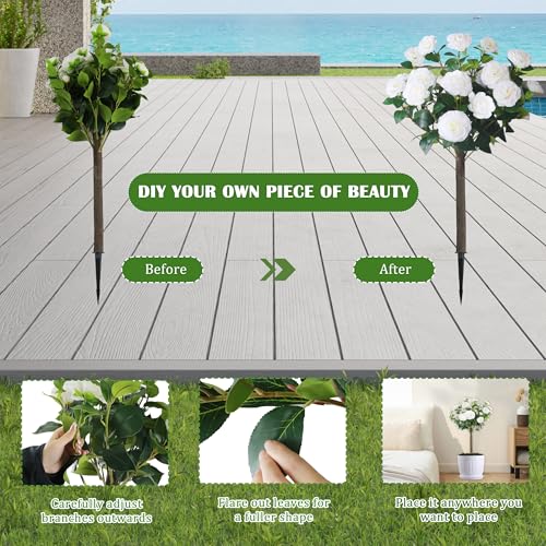 Sunnyglade 35.5" Set of 2 Artificial Camellia Tree, Faux White Camellia Flowers Plant with Spike Fake Silk Flora Topiary Plants Tree for Indoor, Garden, Yard, Porch, Patio Decoration - color: White