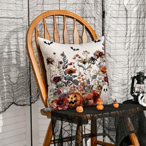AVOIN colorlife Halloween Horror Wildflowers Throw Pillow Cover, 18 x 18 Inch Pumpkin Ghost Bat Cushion Case Decoration for Sofa Couch - size: 18" x 18" (Pack of 1)