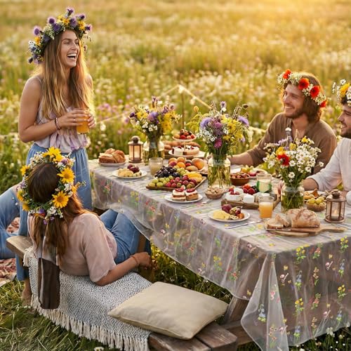AerWo Embroidery Sage Floral Table Runner 120 Inch 10FT, White Floral Runners for Tables Flower Decorations for Party, Flower Runner for Table Kitchen & Dining, Party and Event Centerpiece