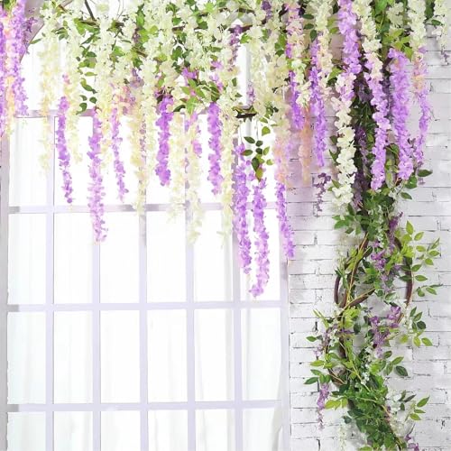 12Pcs Artificial Wisteria Hanging Flowers, 3.6Ft/Pcs White & Purple Fake Wisteria Garland for Wedding Party Home Garden Indoor Outdoor Decoration - color: White & Purple, size: 12Pcs