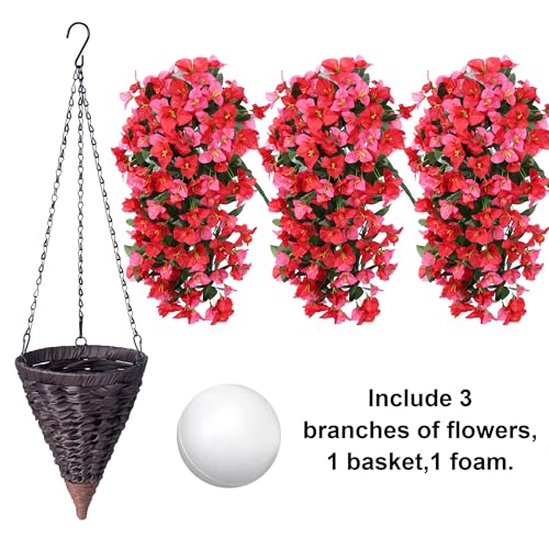 INSPRING Artificial Bougainvillea Faux Flowers Plants Baskets for Outdoor Outside Decoration, 3PCS Fake Silk Flowers Long Trailing Vines UV Resistant Realistic for Front Door Porch Patio (RedHotpink) - color: Redhotpink