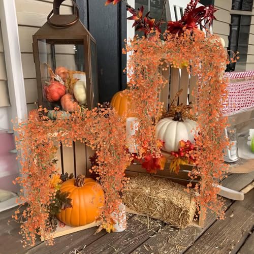 RECUTMS Artificial Fall Garland Faux Greenery Ivy Garland Hanging Fake Plant Faux Ferns for Home Garden Wedding Party Farmhouse Mantle Table Centerpiece Autumn Indoor Outdoor Decorations - color: Fall Orange-garland