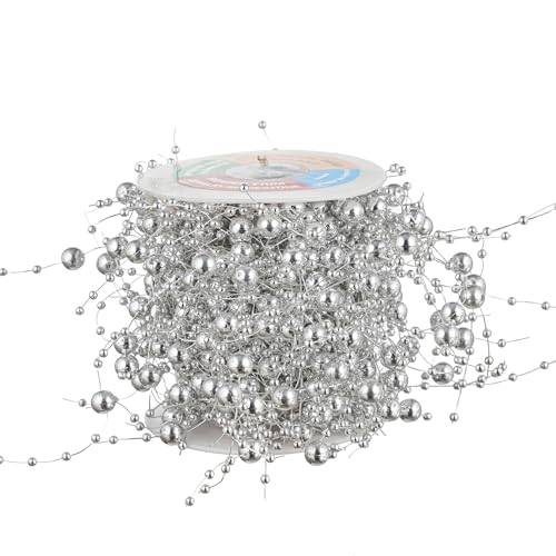 13Feet Pearl String Spool Roll for Floating Candles Faux Pearls Strands Garland for Vase Filler Wedding Centerpiece Christmas Table Decor (Silver) - color: Silver