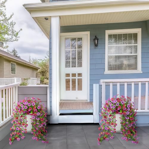 Artificial Hanging Flowers for Outdoors, 2 Pcs Fake Hanging Plant Spring Summer Decoration, UV Resistant No Fade Faux Silk Daisy Flower for Planter Porch Patio Yard Garden Decor(Light Purple Red) - color: Light Purple Red