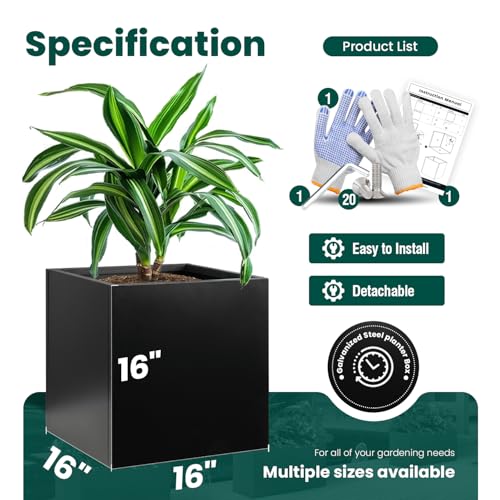 Galvanized Steel Planter Box Black Metal Planter 16Inch Square Indoor Outdoor Planters Cube Steel Heavy Duty Powder Coating Modern Commercial Residential for Patio, Yard, Garden - color: Black, size: 16" L x 16" W x 16" H