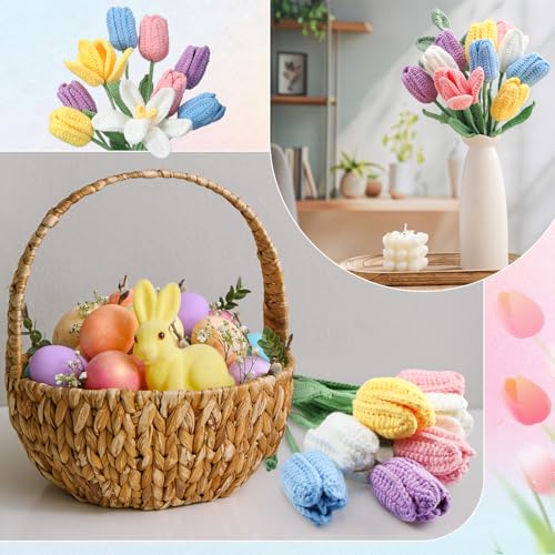 Shihanee 10 Pcs Tulip Crochet Flowers Bouquet Handmade Knitted Flower Decor Birthday Gifts for Women Grandma Spring Home Vase Centerpiece, 13.7", Vase Not Inchluded(Purple, White, Pink, Yellow, Blue) - color: Purple, White, Pink, Yellow, Blue