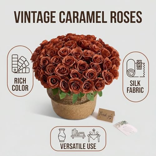55 Pcs Burnt Orange Roses Artificial Flowers Bulk, Artificial Roses Fake Flowers with Adjustable Stems, Soft Foam Roses for DIY Wedding Bouquets, Bridal Shower Centerpieces, Home Party Decor - color: Burntorange