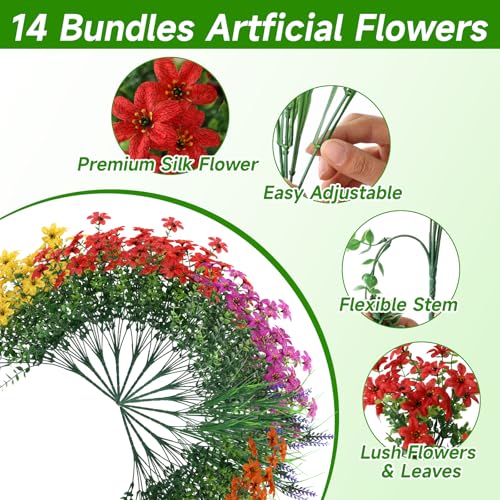 Artificial Flowers for Outdoors UV Resistant, 14 Bundles Fake Flowers Daisy with Lavender Faux Outdoor Plants Silk Flower for Outside Planters Patio Porch Window Garden Yard Spring Summer Decoration - color: Purple Red Orange Yellow