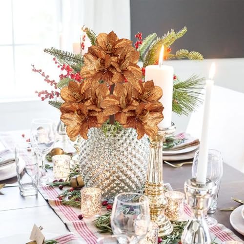 Briful Amaryllis Artificial Christmas Flower Stems, 19.7" Bronze Glitter Faux Amaryllis with Detachable Heads for Xmas Home Party Wedding Bouquet Vase Arrangement Decor - color: Bronze