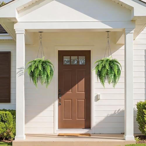 2 Set Fake Ferns with Hanging Baskets, Realistic Fake Hanging Plants, UV Resistant Artificial Ferns Outdoor Faux Plants for Front Porch Patio Garden Home Décor, No Assembly Required
