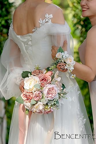 Dusty Rose Corsages for Wedding(Set of 6),Corsages for Prom,Party Prom Hand Flower Decor,Mother of The Bride Corsage,Bridesmaid Wrist Corsage - color: Dusty&cream
