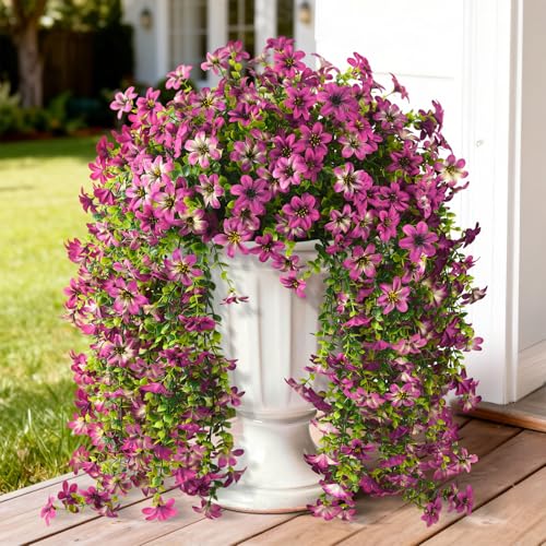 Artificial Hanging Flowers for Outdoors, 2 Pcs Fake Hanging Flowers Spring Summer Decor, UV Resistant Faux Artificial Outdoor Plants for Planter Front Door Porch Patio Garden Yard(Gradient Purple Red) - color: Gradient Purple Red