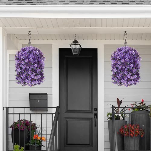 Hoppwodd Artificial Flower for Outdoors 4pcs Fake Lily Hanging Flower Baskets for Outside UV Resistant Silk Faux Long Trailing Vines for Garden Porch Patio, Purple & Light Purple - color: Purple & Light Purple