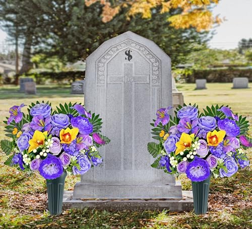 Artificial Cemetery Flowers for Grave,Memorial Flowers Bouquet with Vase for Headstones Decoration,Purple Rose Hibiscus Cymbidium Berry - color: Purple