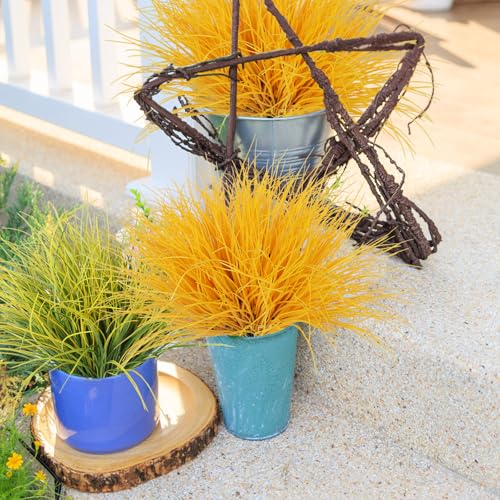 RECUTMS 12Pcs Artificial Grasses Outdoor Plants Tall Grass Spring Fake Grass Plant Plastic Artificial Shrubs for Planters Wedding Indoor Outside Garden Porch Home Office Window Box Decor(Pure Yellow) - color: Pure Yellow Grass