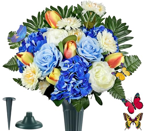 Artificial Cemetery Flowers for Grave,Memorial Flowers Bouquet with Vase for Headstones Decoration,Blue Rose Tulip Hydrangea - color: Blue