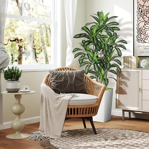 Dracaena Artificial Plant, 6FT Tall Artificial Plants Indoor Dracaena Tree in Pot, Fake Floor Plant for Living Room Decor, Artificial Tropical Plants Outdoor Porch Decor Office (White, 6FT) - color: White, size: 6FT