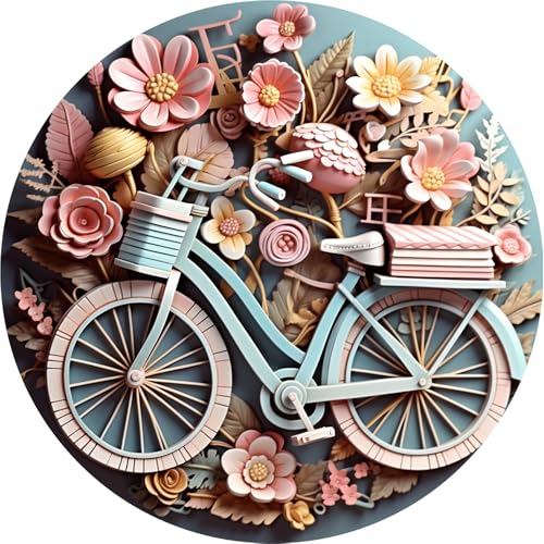 Rustic Metal Tin Sign Bicycle Bike Art Flower Wreath Welcome Door Hanging, Round 8x8 Inch (Bike) for Home, Garden, Kitchen, Bar, Cafe, Restaurant, Garage Wall Decor, Retro, Vintage - color: Bike