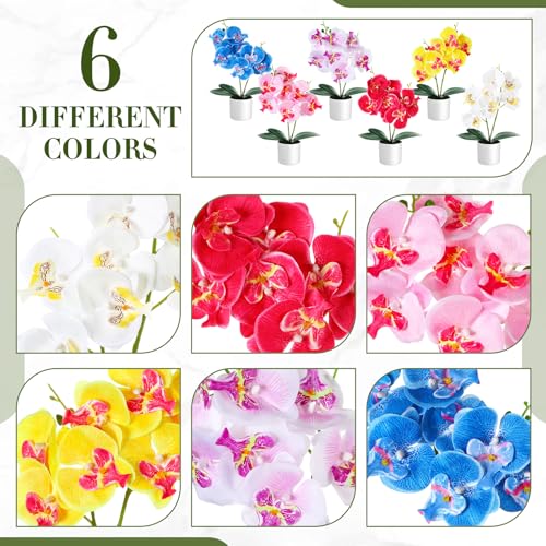Thiccywoov 6 Pcs Fake Orchids Flowers in Pot 6 Colored Artificial Orchid Flowers with Plastic Vase Washable Silk Orchid Phalaenopsis Decor for Table Centerpiece Home Decor Office Wedding Party