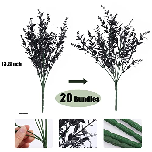 RECUTMS 20 Bundles Fake Black Decor Artificial Greenery Outdoor Flowers | Autumn Plastic Shrubs,Fake Plants,UV Resistant, Indoor/Outdoor Use, Hanging Fall Decorations,Halloween,Black Wedding - color: Black, size: 20 Bundles