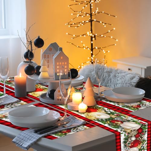VitalCozy 7 Pcs Christmas Table Runner and Placemat Set 72 x 13 Inch Buffalo Plaid Runner Xmas Poinsettia Table Mat for Holiday Kitchen Dining Decoration(Plaid,Red Black) - style: Plaid