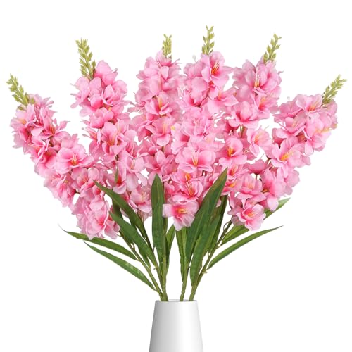 IPOPU 6PCS Delphinium Artificial Flowers 39" Realistic Faux Hyacinth Long Stem Delphinium Silk Flowers for Tall Vase Filling Wedding Centerpieces Home Decor (Pink) - color: Pink